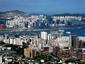 Bureaubladachtergronden China Hongkong Gebouw Van bovenaf Megalopolis een stad