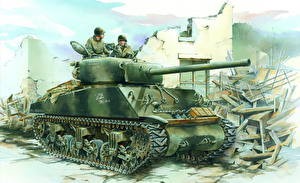 桌面壁纸，，绘制壁纸，坦克，M4雪曼戰車，Sherman M4A3(76)W，陆军