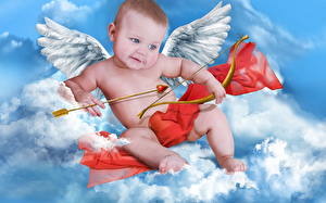 Bilder Bogenschütze Säugling Cupido Flügel Wolke Kinder