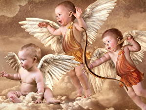 Картинки Лучники Грудной ребёнок Купидона Крылья ангелы Дети
