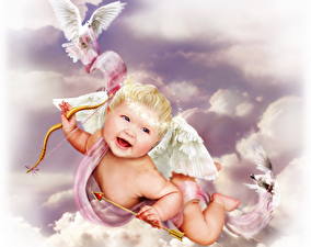 Sfondi desktop Arciere Cupido Ali di uccello Sorriso bambino