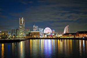 Обои Япония В ночи Йокохама Города
