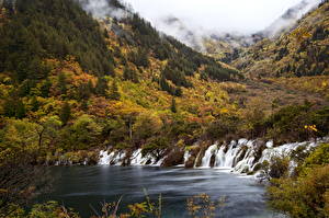 Picture Waterfalls China Jiuzhaigou park Dragon falls Valley Nature