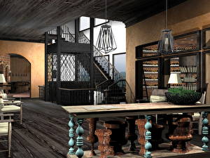 桌面壁纸，，室內，楼梯，设计，3D图形