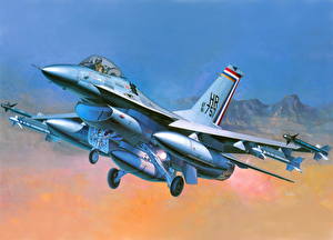 Bureaubladachtergronden Vliegtuig Getekende F-16 Fighting Falcon F-16A Luchtvaart