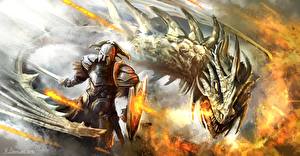 Pictures Fighting Warrior Dragon Armor Shield Fantasy