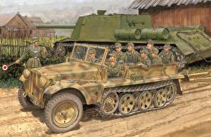 デスクトップの壁紙、、描かれた壁紙、兵、Sd.Kfz.10 Ausf.B、陸軍