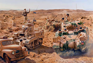 Bakgrundsbilder på skrivbordet Målade Stridsvagnar Soldater M4 Sherman Militär