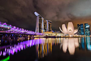 桌面壁纸，，新加坡，橋，岸，晚上，城市