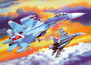 桌面壁纸，，飛機，绘制壁纸，苏-27战斗机，航空