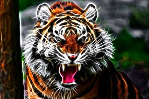 Tapety na pulpit Tygrysy Wielkie koty Spojrzenie Zły Pysk Zęby Grafika 3D Zwierzęta