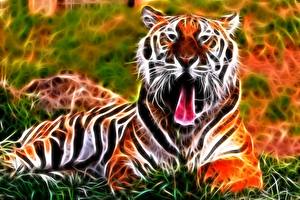 Фотографии Тигры Большие кошки Злой Морда 3D Графика Животные