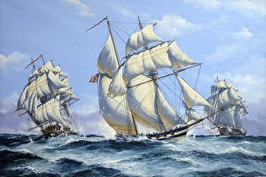 Wallpapers Ship Painting Art Sailing Hermes, Gypsey Schooner and Belle Poule