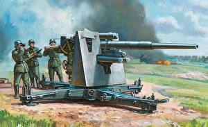Pictures Painting Art Cannon Soldier German German 88mm Flak 36.37 Army