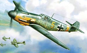 Bureaubladachtergronden Vliegtuigen Geschilderde Duitse Messerschmitt Bf-109 German Fighter F2 Luchtvaart