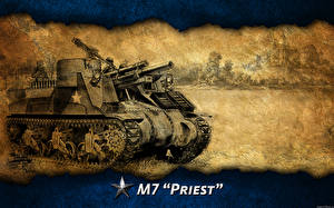 Bureaubladachtergronden World of Tanks Zelfrijdende artillerie-installatie M7 Proest videogames