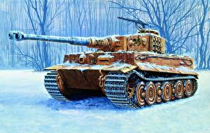 Bakgrundsbilder på skrivbordet Målade Stridsvagn Snö Tiger Ausf.E Militär