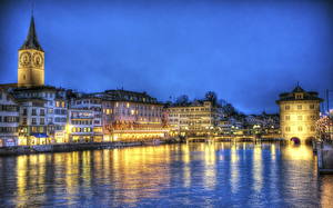 Фотография Швейцария Цюрих Ночью Города
