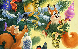 Sfondi desktop Giorno festivo Anno nuovo Scoiattoli Albero di Natale Pigne Rami