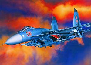 桌面壁纸，，飛機，绘制壁纸，苏-27战斗机，