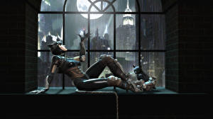 Tapety na pulpit Batman Superbohaterów Kobieta-Kot superbohater Okno W nocy Księżyc Gry_wideo Dziewczyny Grafika_3D
