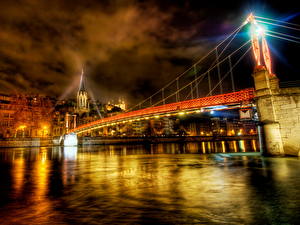 Picture France Bridges Sky HDRI Night Rays of light Lyon Cities
