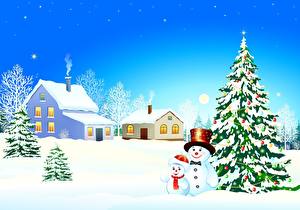 Bilder Feiertage Neujahr Vektorgrafik Weihnachtsbaum Schneemänner