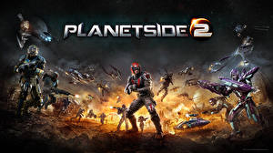 Papel de Parede Desktop PlanetSide 2 Guerreiros Fuzil de assalto Batalha Capacete Armadura videojogo