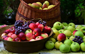 デスクトップの壁紙、、果物、りんご、ブドウ、籠、食品