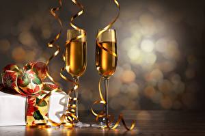 デスクトップの壁紙、、祝日、新年、シャンパン、ワイングラス、リボン、