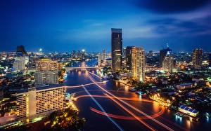 Papel de Parede Desktop Tailândia Rio Noite Canal  Cidades
