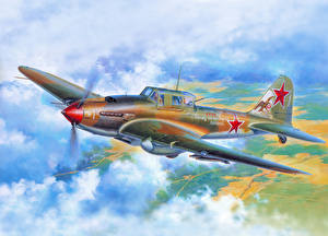 Фото Самолеты Рисованные Облака Летит штурмовик ИЛ-2 Авиация