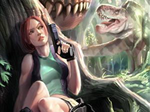 Pictures Tomb Raider Warrior Pistols Dinosaurs Lara Croft Lara Croft vdeo game Girls