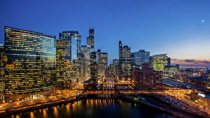 Picture USA Sky Night time Chicago city Cities