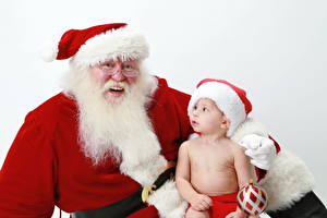 Фотография Праздники Новый год Младенцы Санта-Клаус Очках В шапке Смотрят Улыбка Бородатые ребёнок