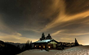 Pictures Seasons Winter Sky Clouds Night time Snow Nature