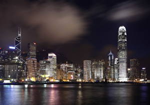 桌面壁纸，，中华人民共和国，河流，天空，香港，摩天大樓，岸，建筑物，晚上，大都市，，城市