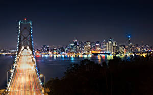 Картинка Америка Мосты Небо Ночь Уличные фонари Сан-Франциско Калифорнии город