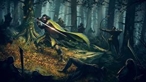 Hintergrundbilder Schlacht Krieger Bogenschütze Wald Schwert Fantasy