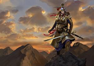 Bakgrundsbilder på skrivbordet Krigare Himmel Rustning Svärd Molnen Samuraj Fantasy