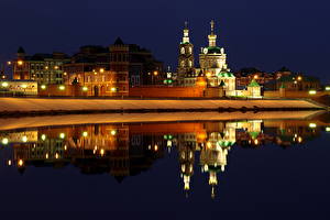 桌面壁纸，，俄罗斯，湖泊，晚上，街燈，，城市