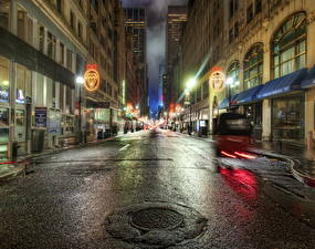 Images USA Roads New York City Street lights HDR Night Asphalt Cities