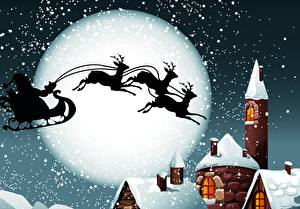 Fotos Feiertage Neujahr Vektorgrafik Hirsche Schnee Nacht Weihnachtsmann Mond Schneeflocken Schlitten