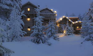 桌面壁纸，，房屋，芬兰，雪，晚上，树，，城市