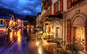 桌面壁纸，，瑞士，建筑物，街燈，高动态光照渲染，晚上，街道，Zermat，城市