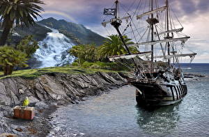 Картинки Корабли Парусные Горы Водопады Тропический Побережье Пальмы Радуга Бухта