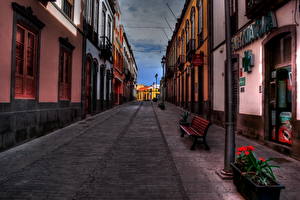 Wallpaper Spain Houses Roads Bench Street lights HDRI Street Canary Islands  Cities