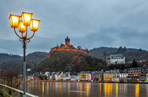 Wallpapers Germany Houses Rivers Sky Castles Cochem Clouds Street lights HDR Cities