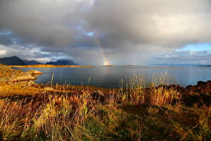 Bakgrunnsbilder Elver Elv Himmel Norge Skyer Gress HDR Regnbue Natur