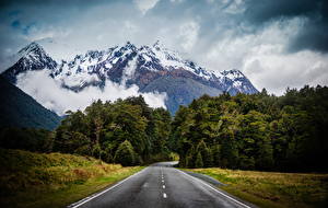 Papel de Parede Desktop Montanhas Nova Zelândia Estradas Céu Neve Asfalto Naturaleza